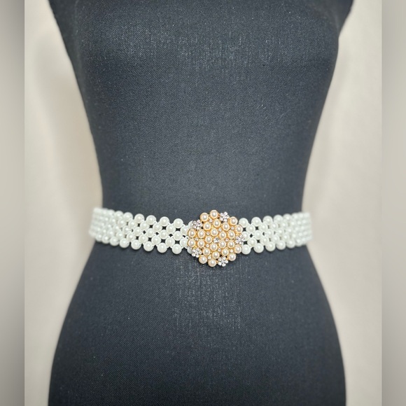 Women's Elastic Pearl Rhinestone Waist Belt - Picture 2 of 7